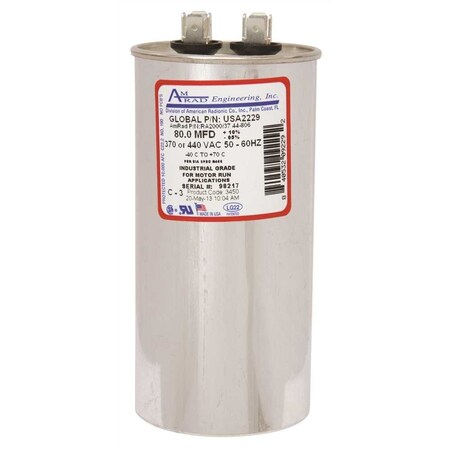 Amrad Engineering ROUND USA-MADE MOTOR RUN CAPACITOR, 80 MFD, 370/440 VAC USA2229